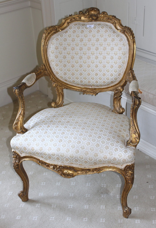 Appraisal: A mid thC giltwood fauteuil in the Louis XV style