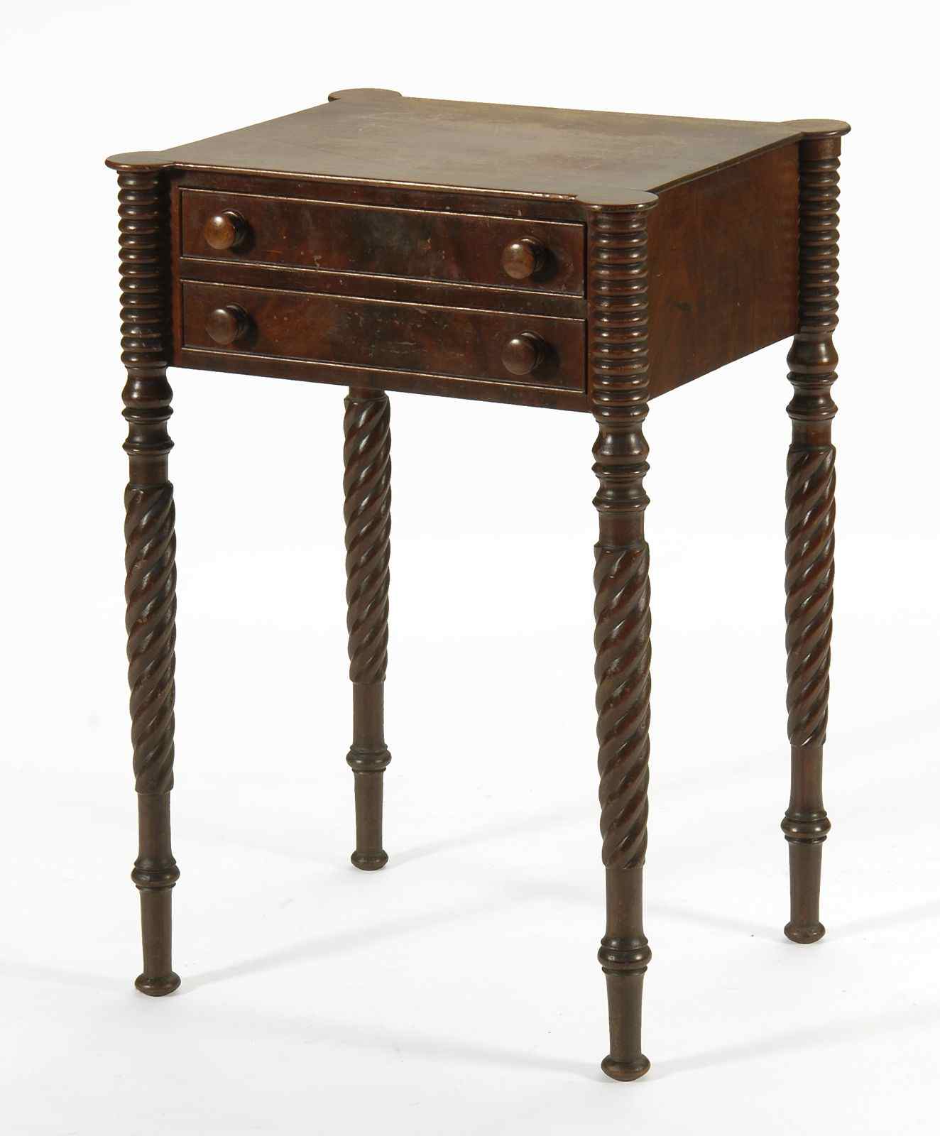 Appraisal: ANTIQUE AMERICAN SHERATON TWO-DRAWER SEWING TABLECirca In mahogany with cookie-cornered