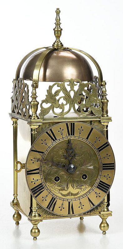 Appraisal: Brass Reproduction Lantern Clock th century two train movement pierced