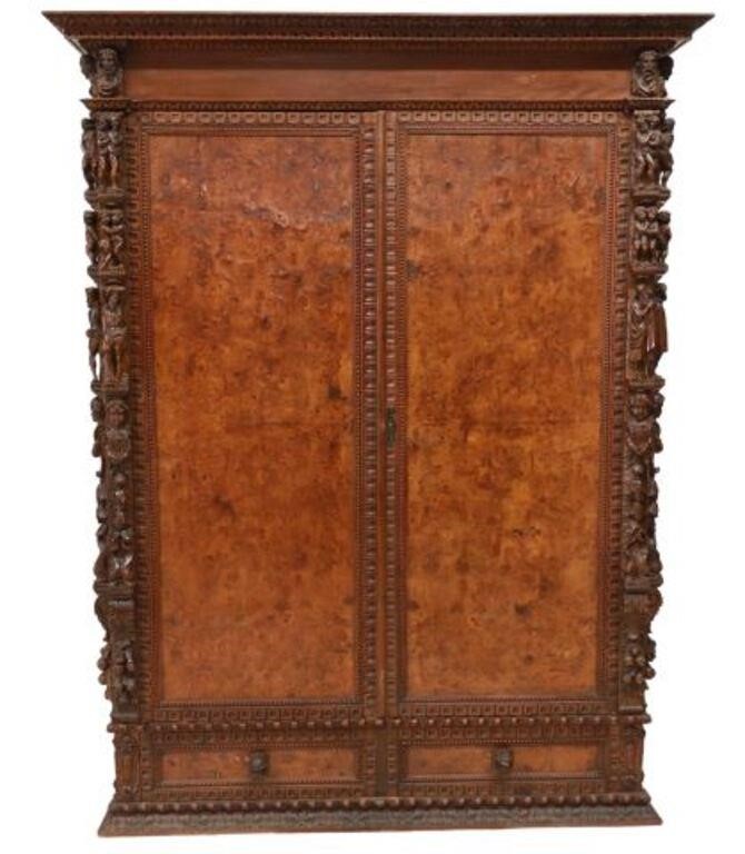 Appraisal: Italian Renaissance Revival walnut armoire late th c molded cornice