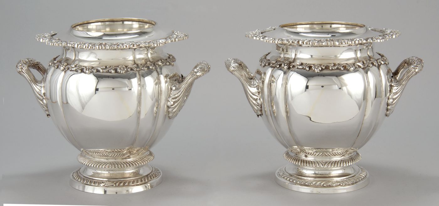 Appraisal: PAIR OF LARGE ENGLISH SILVER PLATED WINE COOLERS th CenturyIn