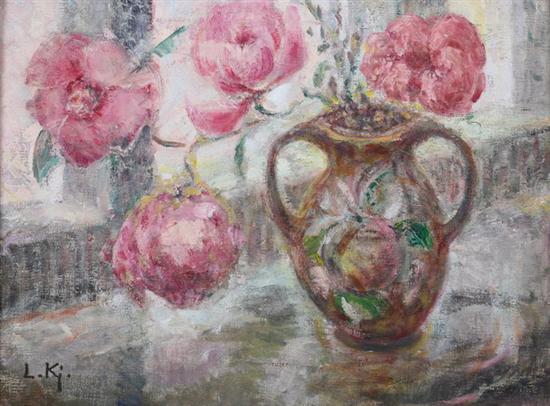 Appraisal: AMERICAN SCHOOL th century PINK FLOWERS IN VASE initialed L