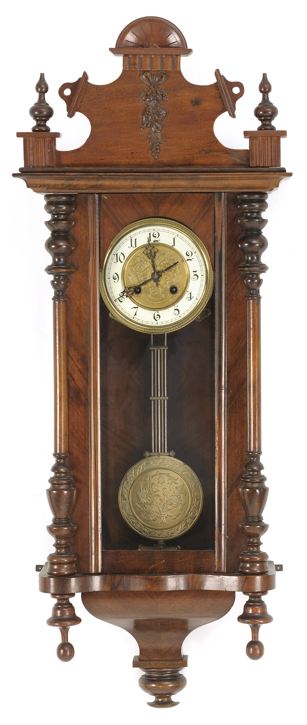 Appraisal: VIENNA-STYLE WALL REGULATOR CLOCK In a walnut-veneered case Circular brass