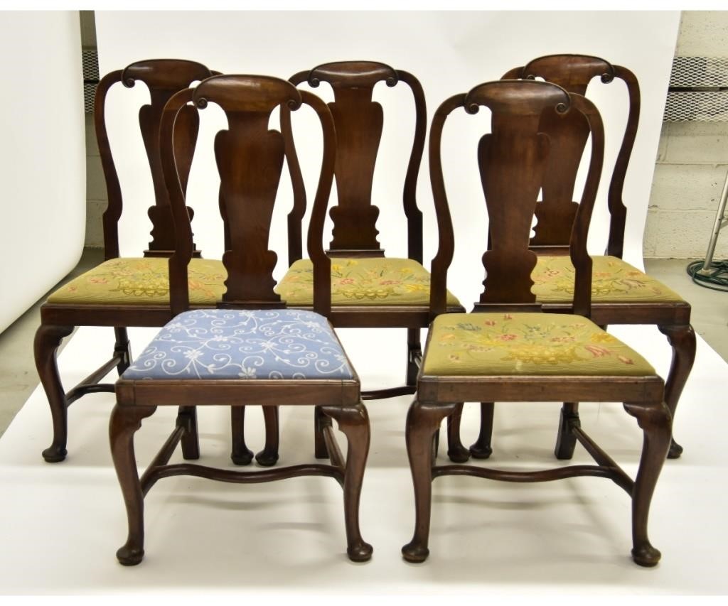 Appraisal: Set of five English Queen Anne mahogany side chairs with