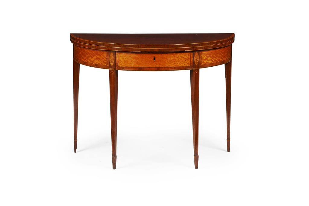 Appraisal: GEORGE III SCOTTISH MAHOGANY AND SATINWOOD FOLDOVER TEA TABLE LATE