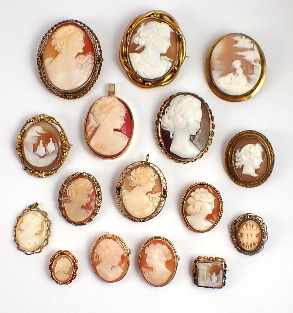 Appraisal: COLLECTION OF SIXTEEN CAMEO PENDANT BROOCHES most oval form and