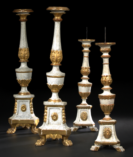 Appraisal: Pair of Italian Gilt-Decorated and Ivory-Painted Pricket Candlesticks ca in