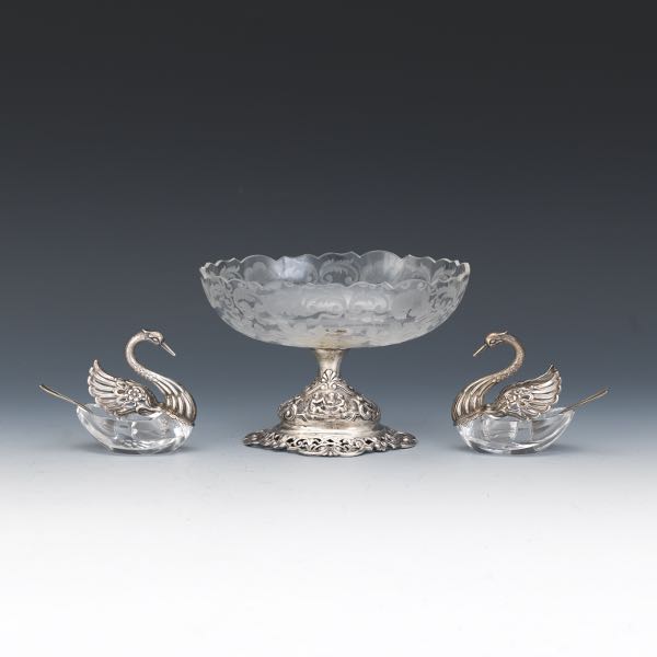 Appraisal: PAIR OF SWAN SALT CELLARS AND TAZZA x x Crystal