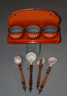 Appraisal: German enamel wall soup holder and four pieces wood and