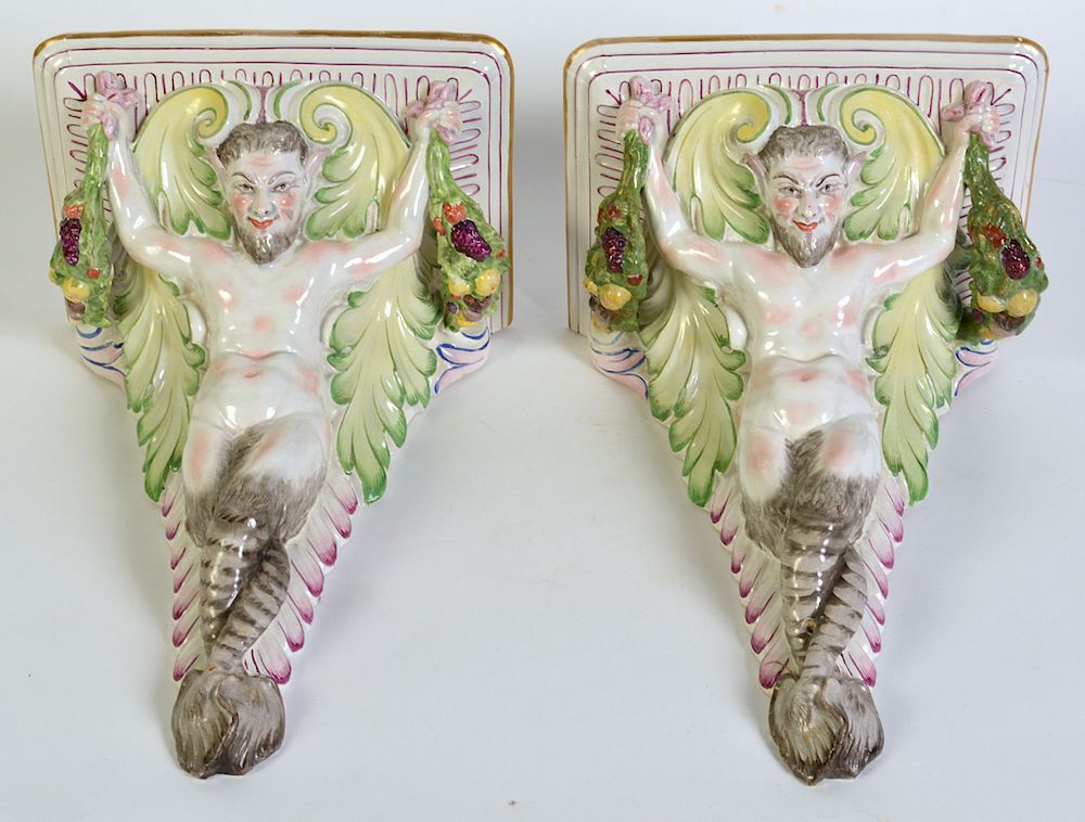 Appraisal: Pr Porcelain Satyr Wall Brackets Meissen porcelain wall brackets Base