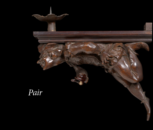 Appraisal: Pair of Continental Carved Wood Wall Sconces each composed of