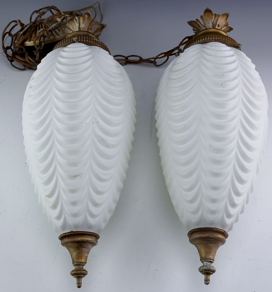 Appraisal: Pair Vintage Opaline Glass Hanging Pendulum Lamps Pair of vintage