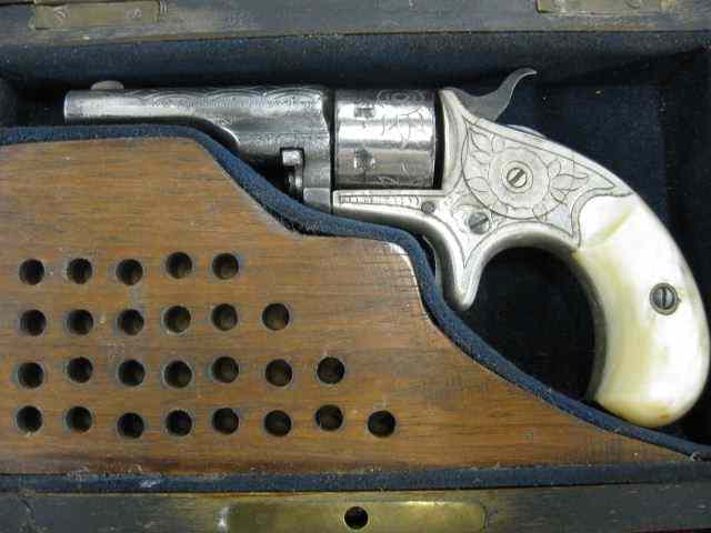 Appraisal: Derringer with Mother-of-Pearl Grips thcentury engraved signed gun length -