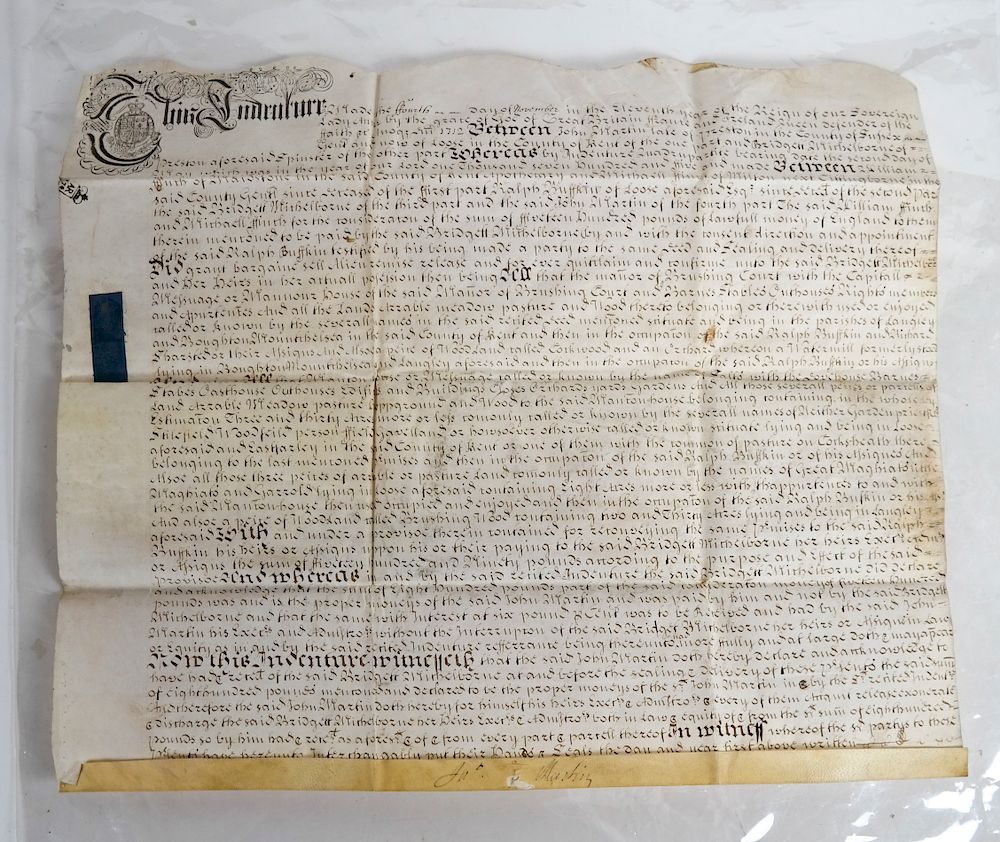 Appraisal: th Century English Indenture Dated Sussex England setting forth Buyer