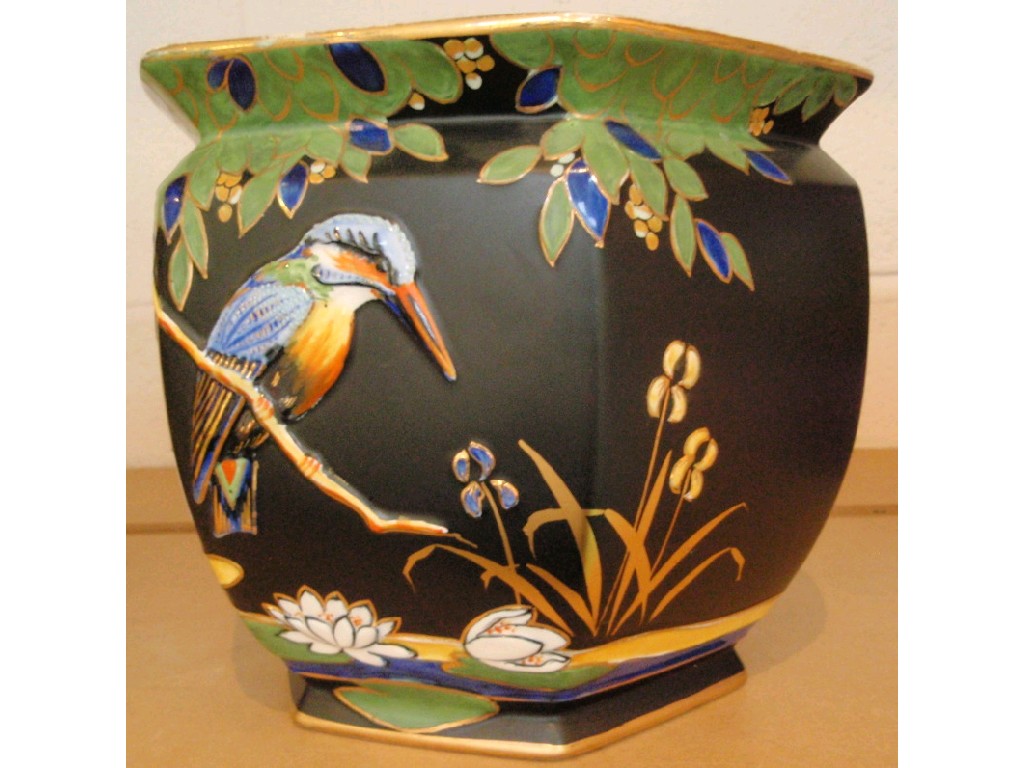 Appraisal: A large Falcon planter decorated with kingfisher