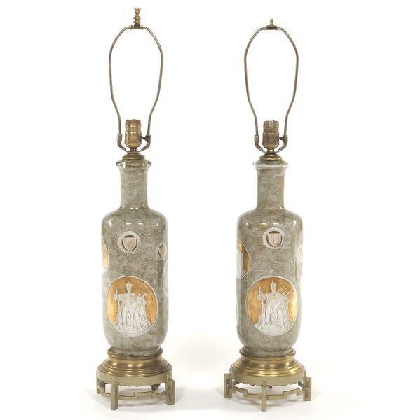 Appraisal: PAIR OF ITALIAN FORNASETTI STYLE TABLE LAMPS to top of