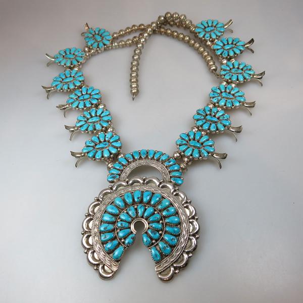 Appraisal: Navajo Sterling Silver Squash Blossom Necklace set with numerous turquoise