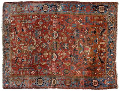 Appraisal: Heriz rug repeating designs on brick red field blue borders