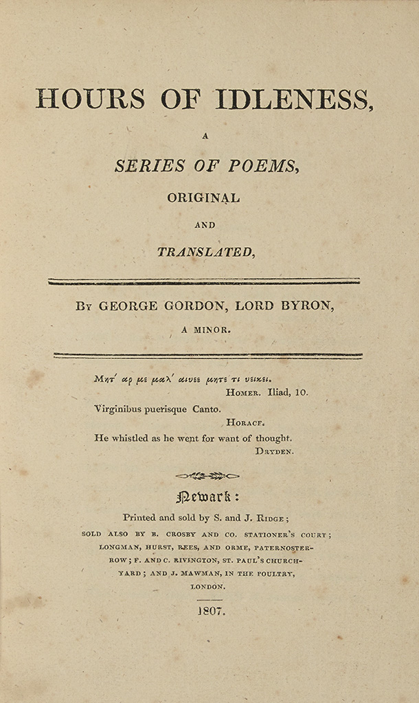 Appraisal: LARGE-PAPER COPY BYRON LORD GEORGE GORDON NOEL Hours of Idleness