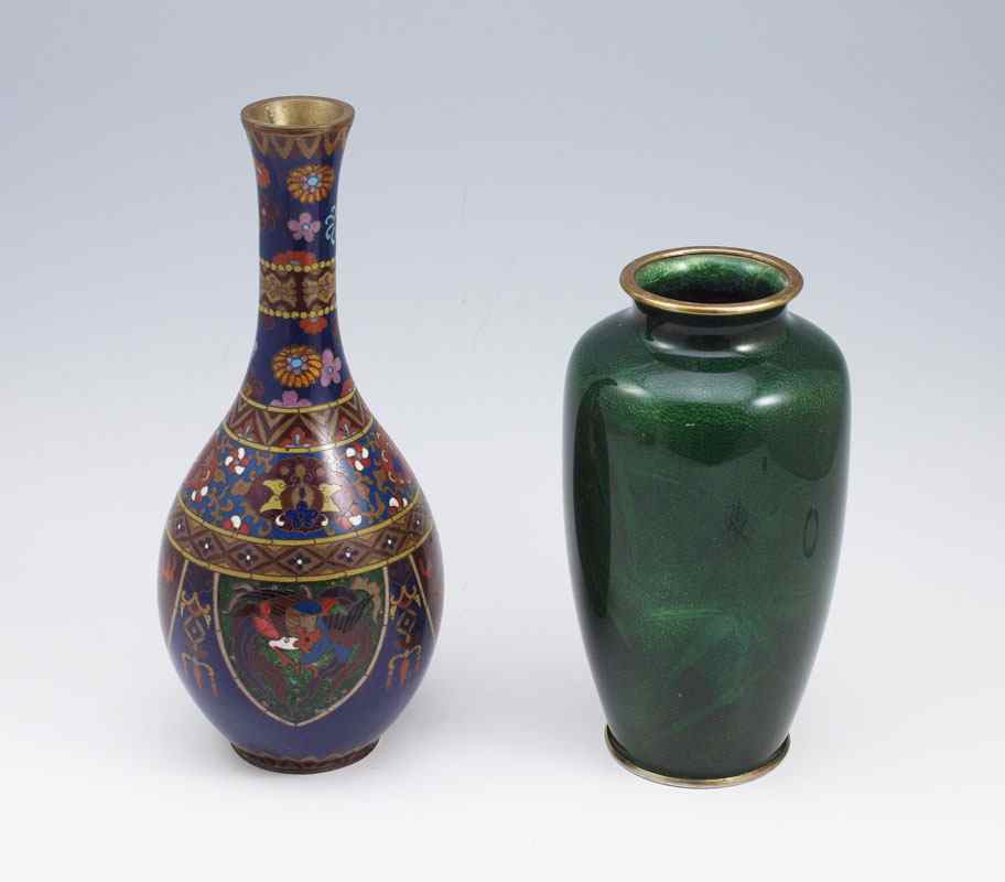 Appraisal: TWO STYLES OF JAPANESE CLOISONNE VASES Green wireless in a