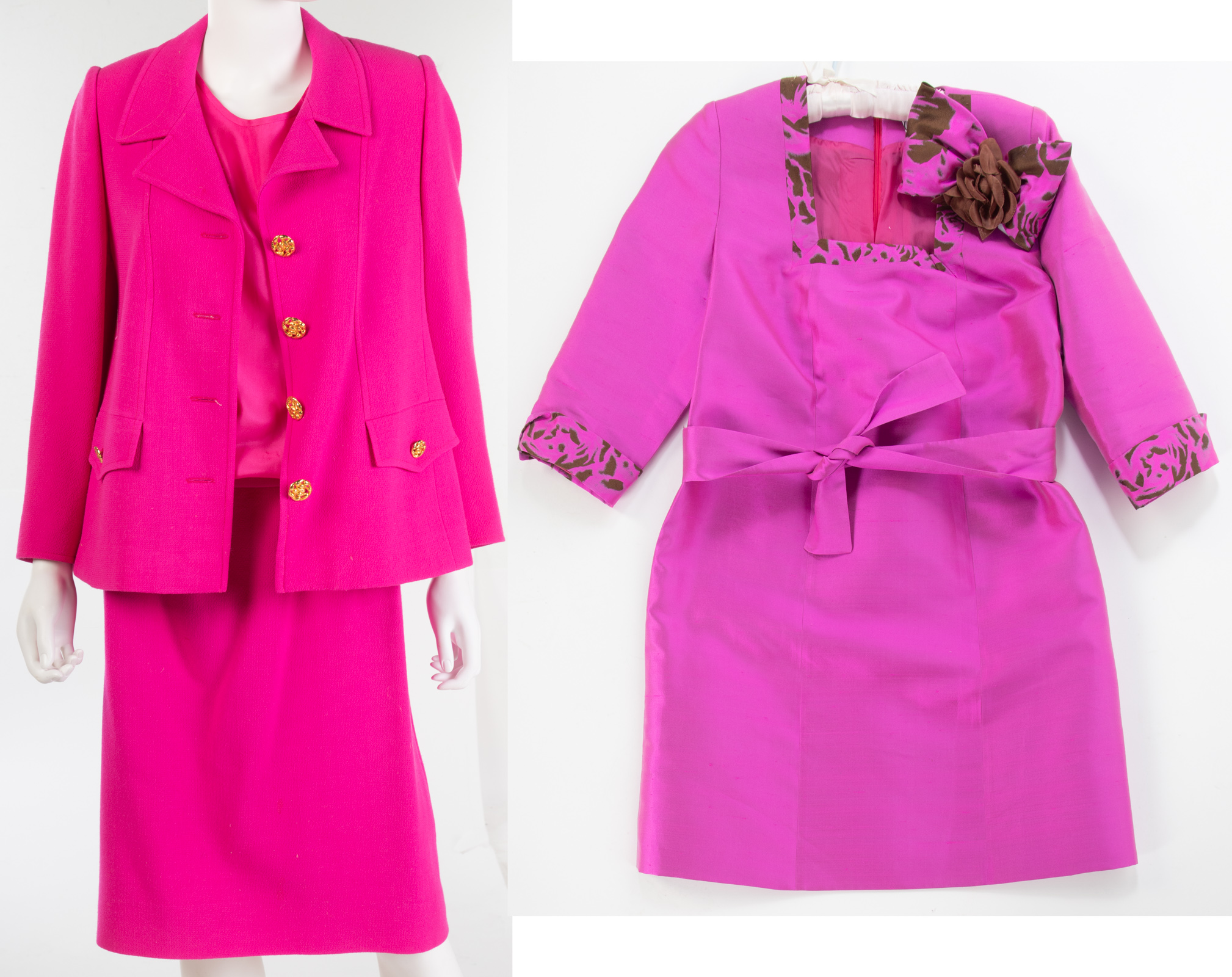 Appraisal: VIBRANT PINK WOOL SUIT AND SILK COCKTAIL DRESS including Richard