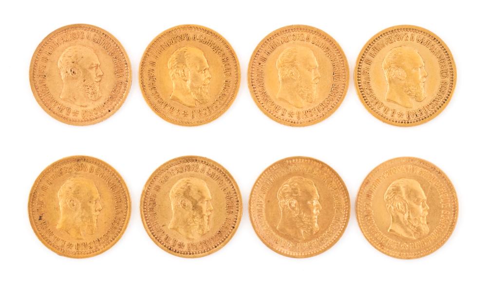 Appraisal: EIGHT RUSSIAN ALEXANDER III ROUBLE GOLD COINS LATE TH CENTURY