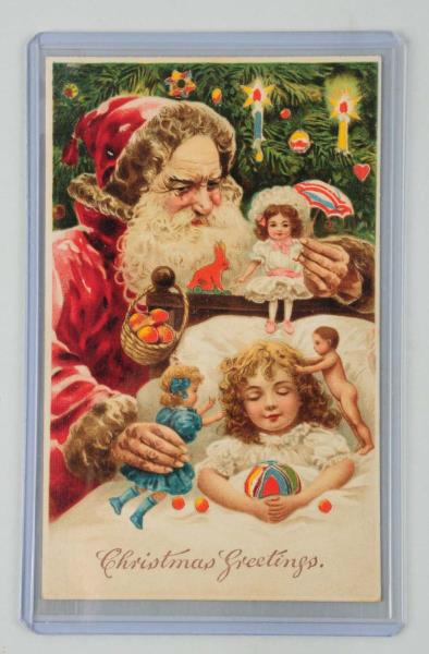 Appraisal: Hold-to-Light Santa Postcard Postcard depicts Santa wearing red watching over