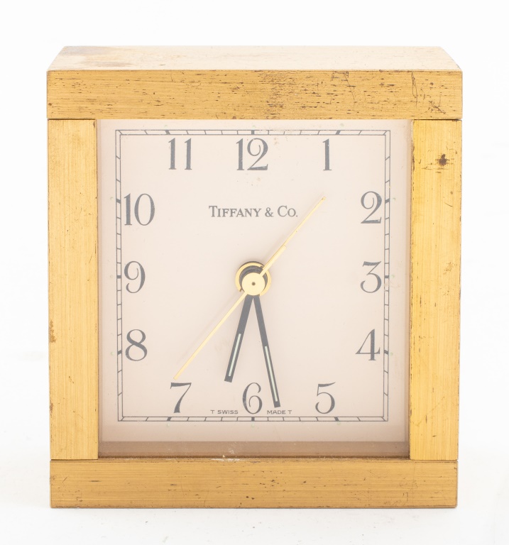 Appraisal: BRUSHED-GOLD CASE TIFFANY DESK CLOCK Quartz movement alarm clocks by