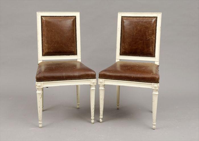 Appraisal: Pair of Louis XVI-Style Painted Leather-Upholstered Sieges Modern x in