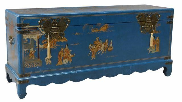 Appraisal: Chinese blue lacquered storage chest late th c painted with