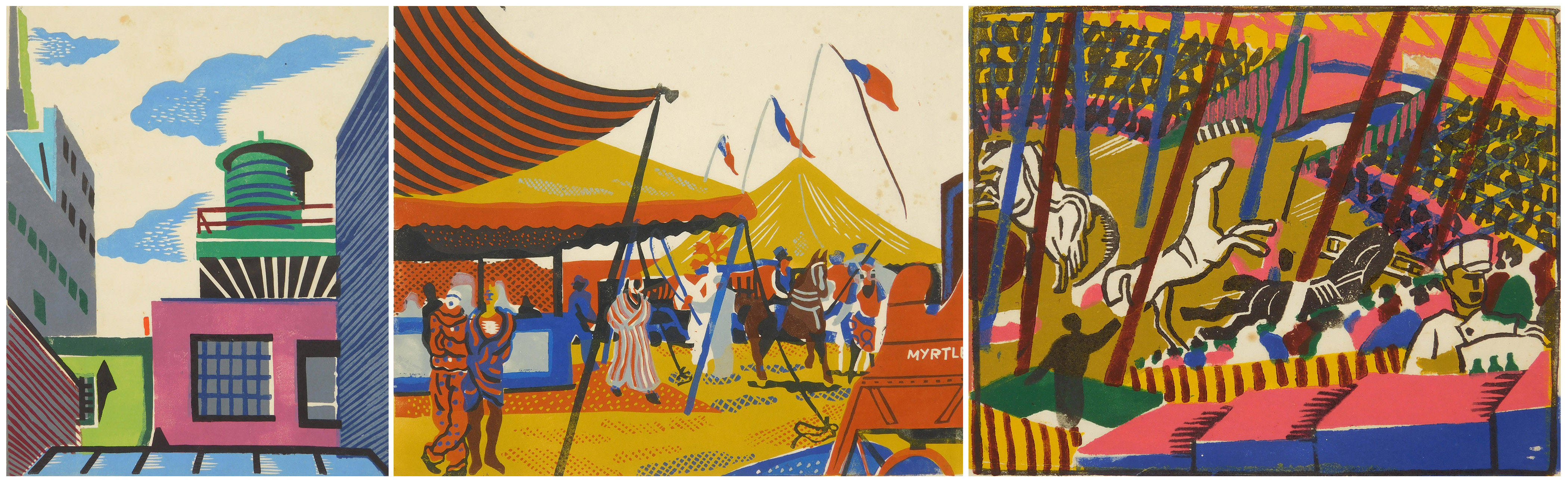 Appraisal: Michael Leone th c ''Circus Back Lot''- linocut in color