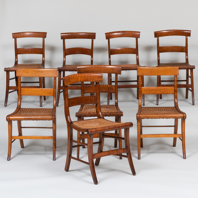 Appraisal: Assembled Set of Eight Classical Figured Maple Cane Seat Dining