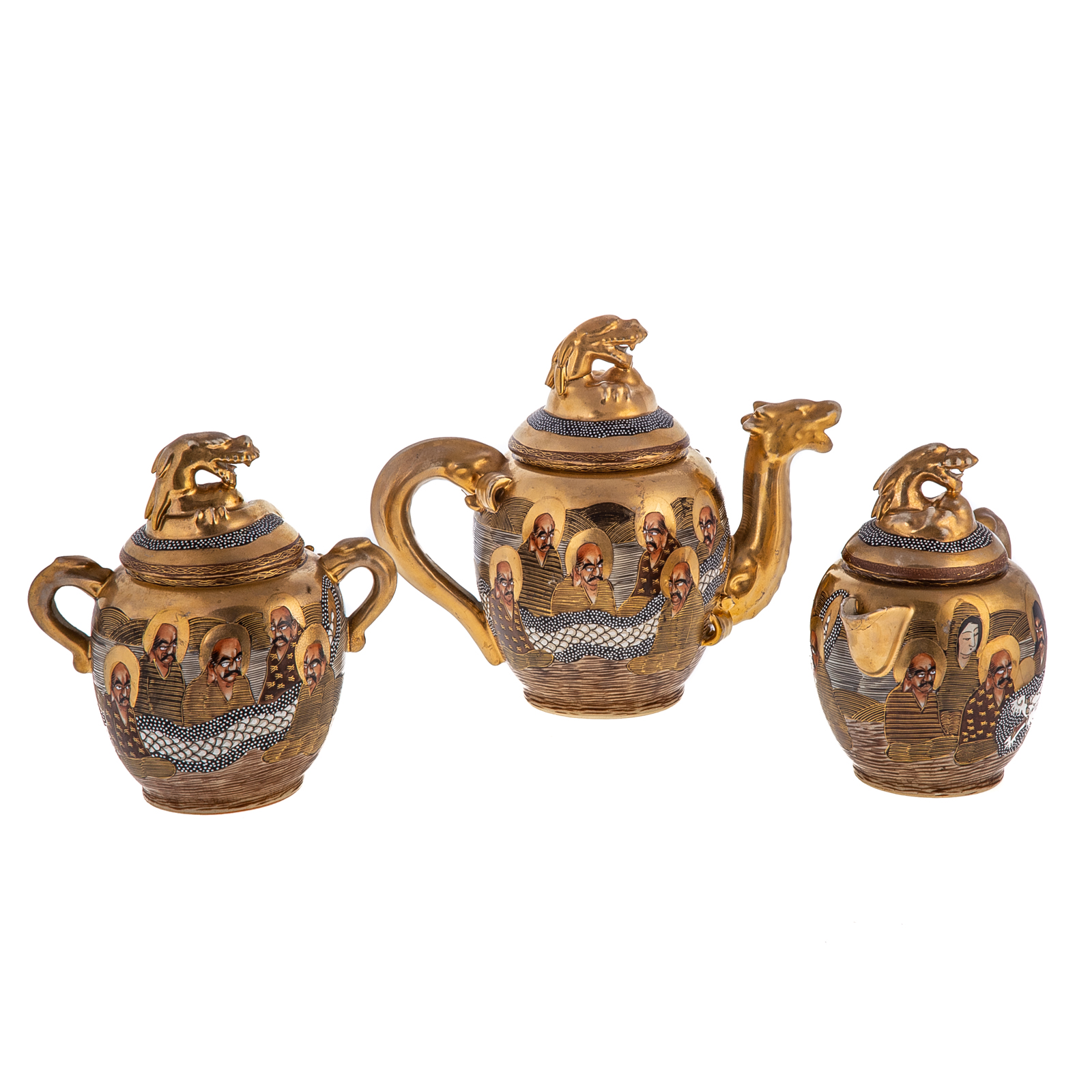 Appraisal: JAPANESE SATSUMA THREE PIECE TEA SET Early th century dragon