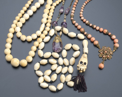 Appraisal: Five Oriental gem or ivory bead necklaces coral and gilt