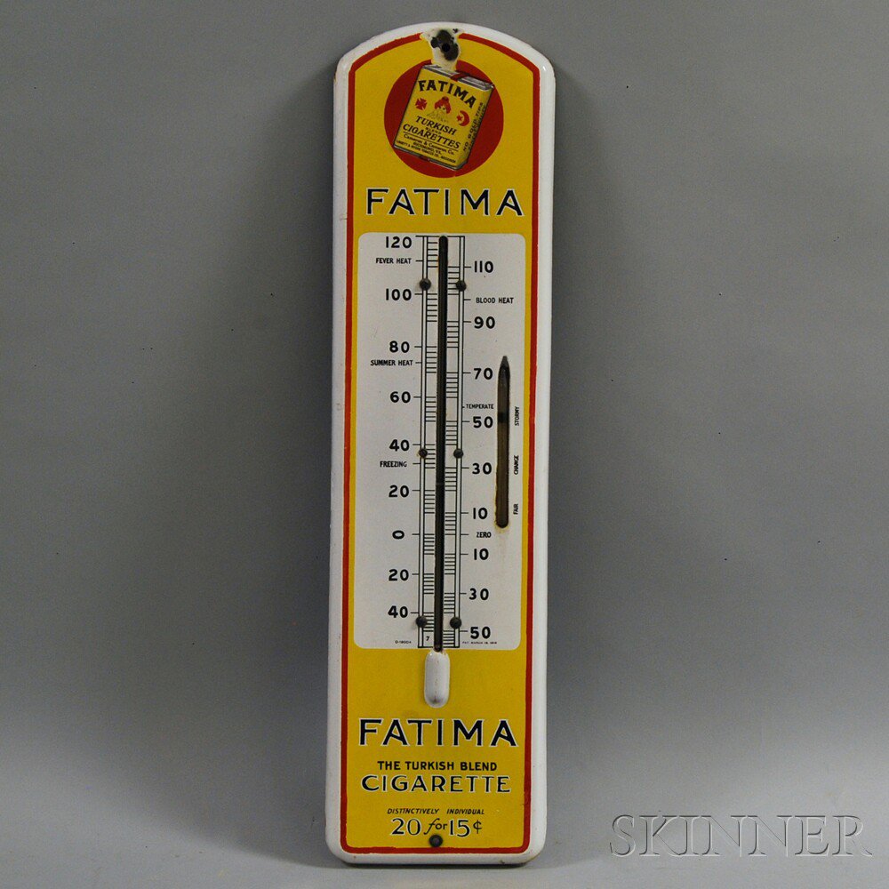 Appraisal: Vintage Fatima Turkish Cigarettes Enameled Advertising Thermometer Barometer c lg