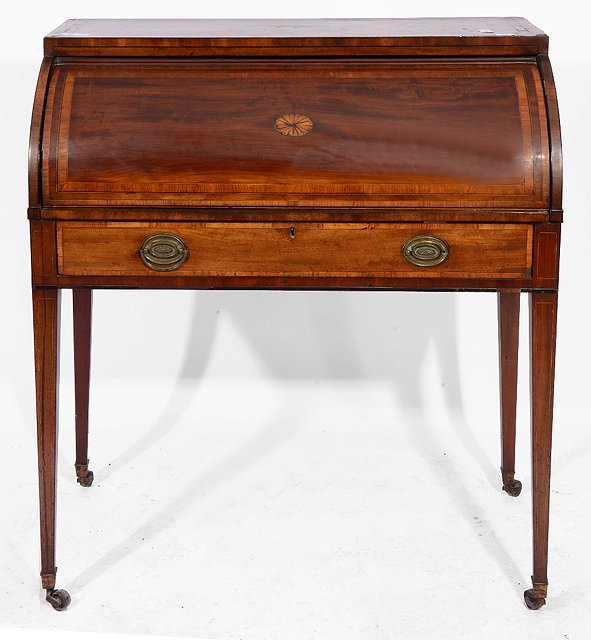 Appraisal: A TH CENTURY SHERATON STYLE MAHOGANY CYLINDER BUREAU with satinwood