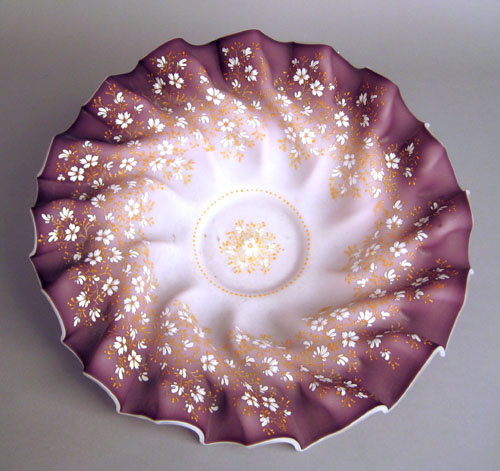 Appraisal: Enamel decorated satin glass centerpiece bowl h dia