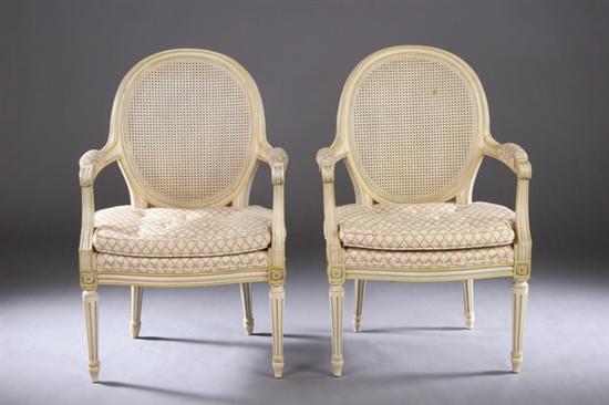 Appraisal: PAIR FRENCH LOUIS XVI-STYLE MEDALLION-BACK FAUTEUILS th century Each molded-edge