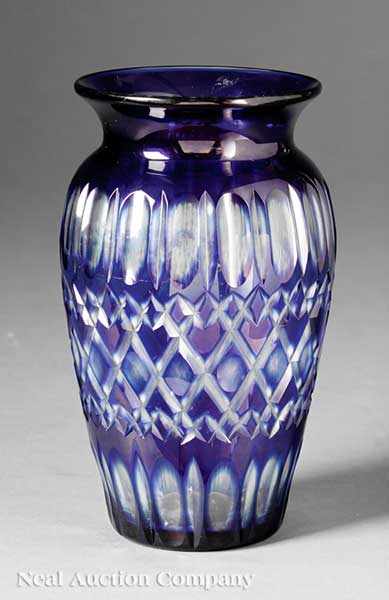 Appraisal: An Art Glass Blue Cut-to-Clear Vase signed Durand everted rim