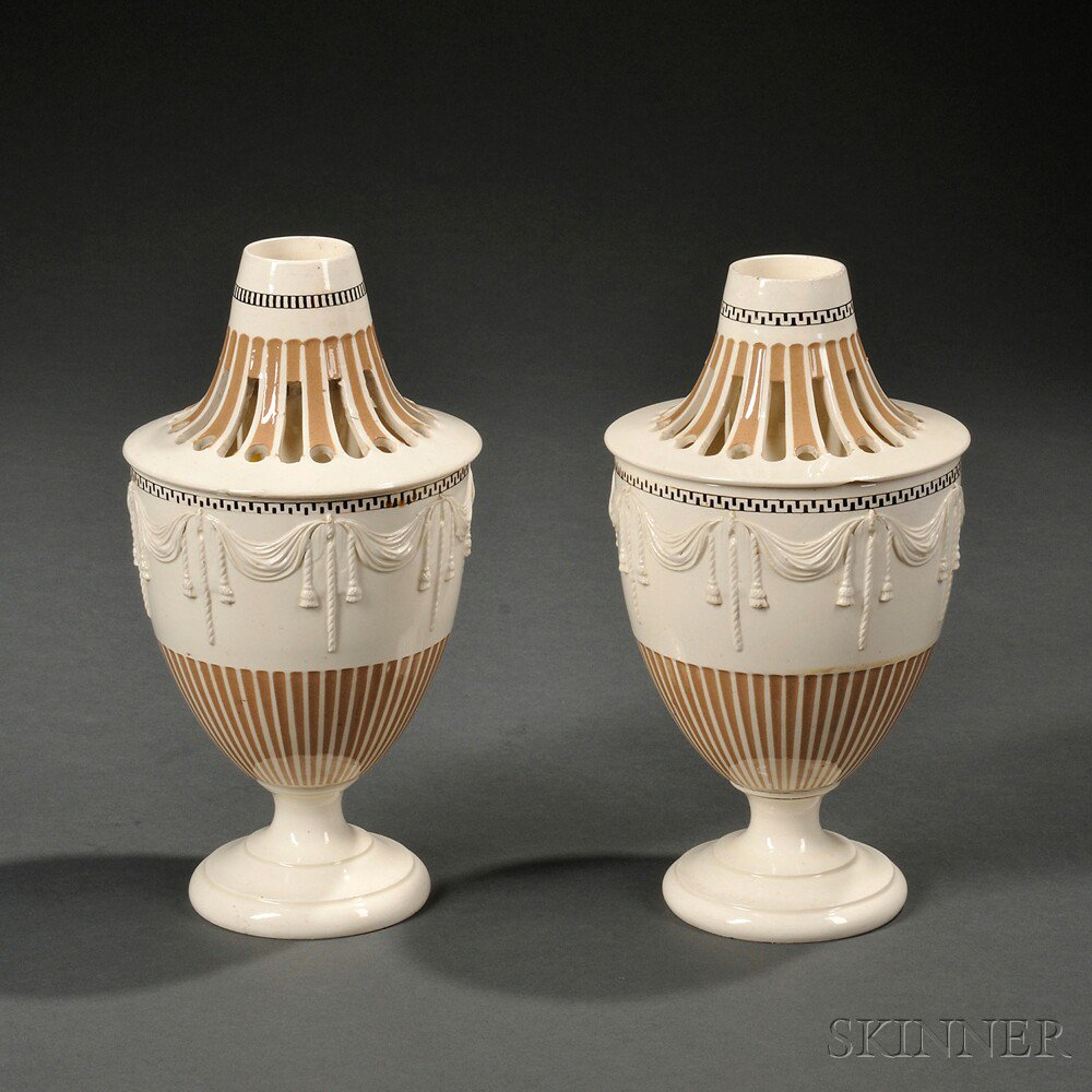 Appraisal: Pair of Staffordshire Creamware Potpourri Urns and Covers England late