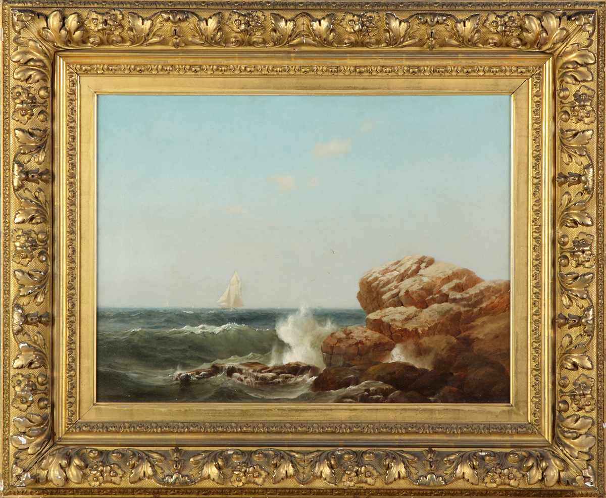 Appraisal: Warren Sheppard American - Rocky coast w sail boat Sgn