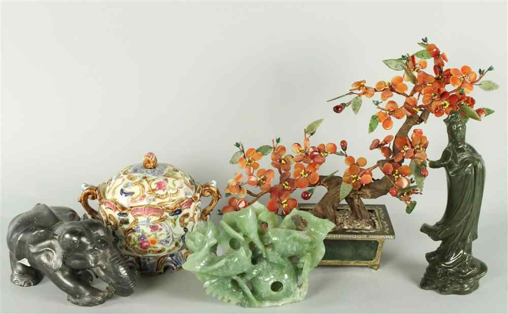 Appraisal: GROUP OF DECORATIVE OBJECTS including a carved jadeite carp group