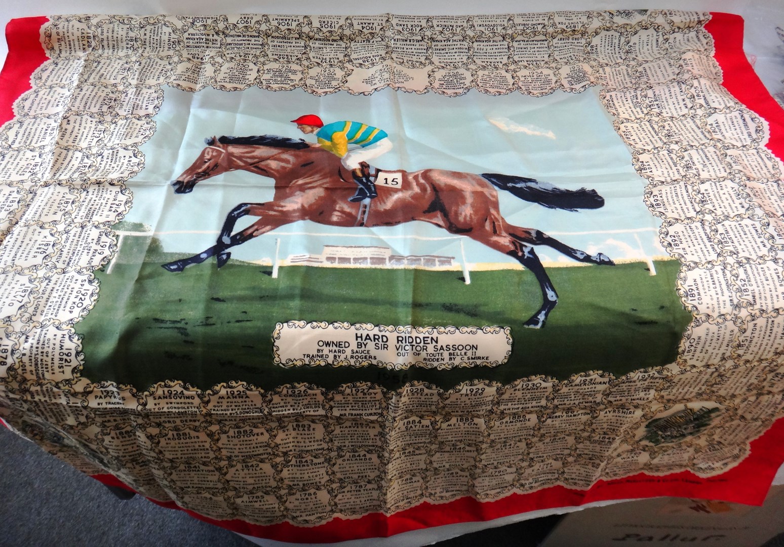 Appraisal: A silk Derby scarf commemorating the Victory of Hard Ridden