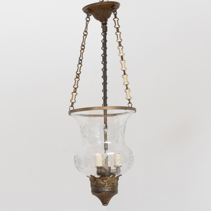 Appraisal: Hundi Brass-Mounted Etched Glass Three-Light Lantern x in diam Condition