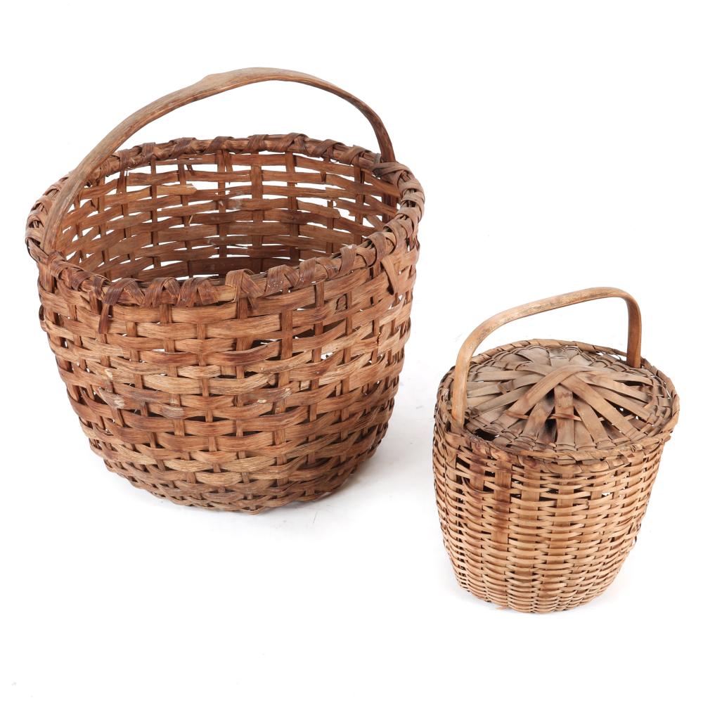 Appraisal: TWO VINTAGE WOVEN BASKETS LARGE GATHERING BASKET WITH NAILED HANDLE