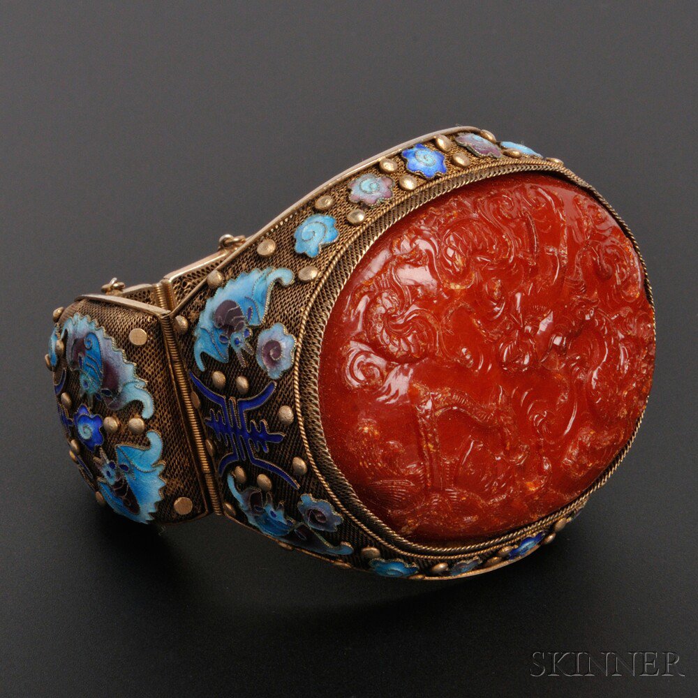 Appraisal: Large Chinese Gilt Silver Enamel and Carnelian Hinged Bangle Bracelet