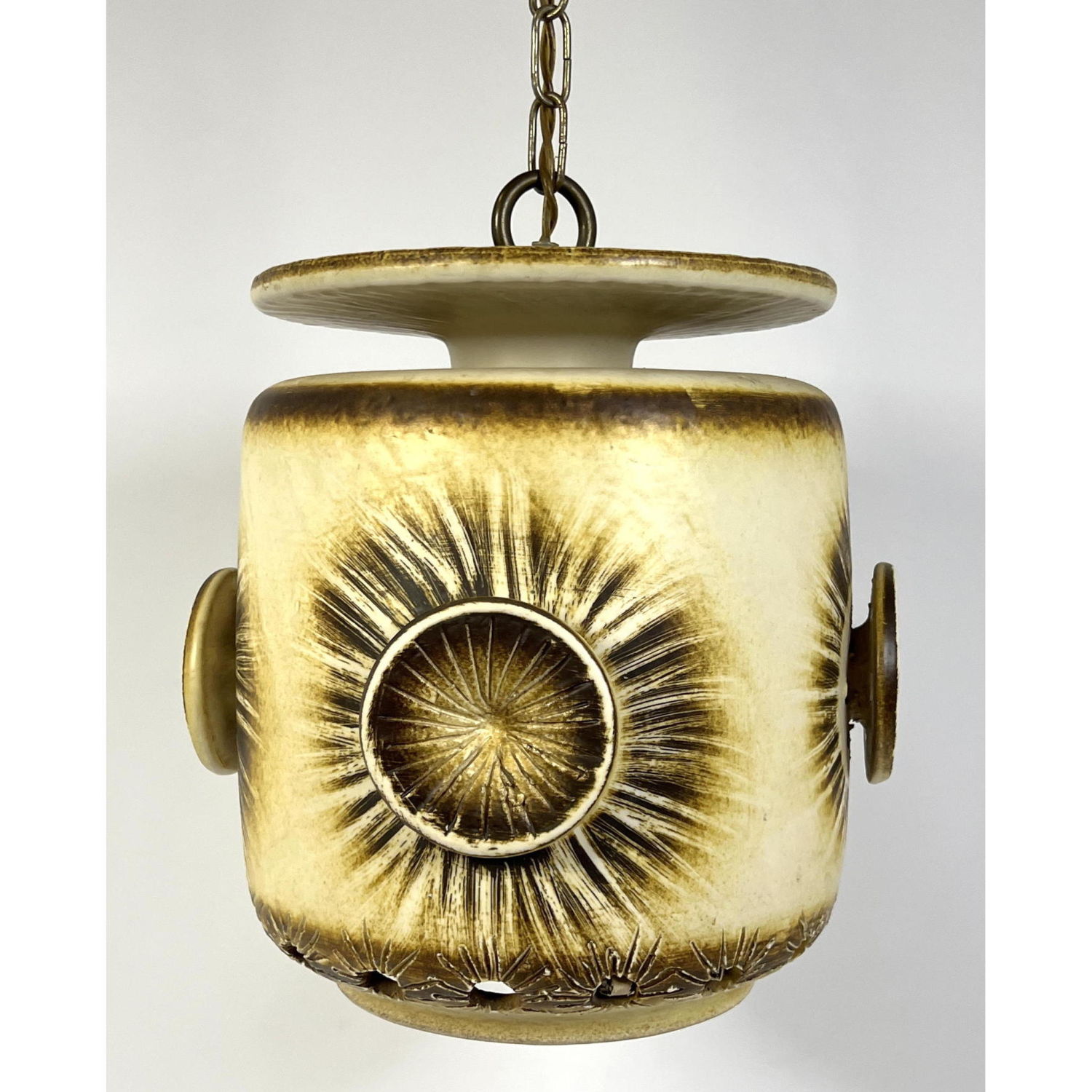 Appraisal: Danish pottery chandelier Drum form with D Raised Sunburst Discs