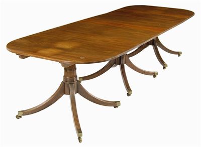 Appraisal: A mahogany triple pillar dining table the reeded edge tilt-tops