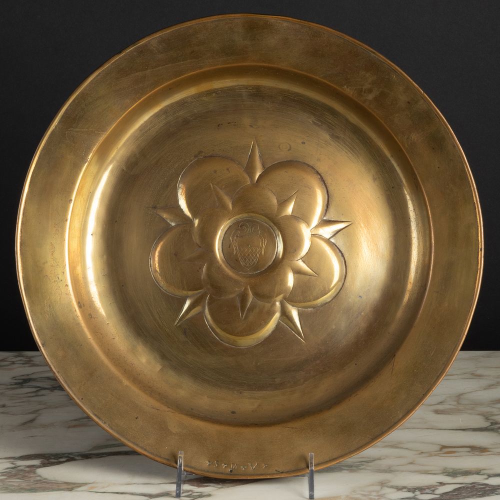 Appraisal: Continental Brass Alms Dish Centered by a coat-of-arms initials on