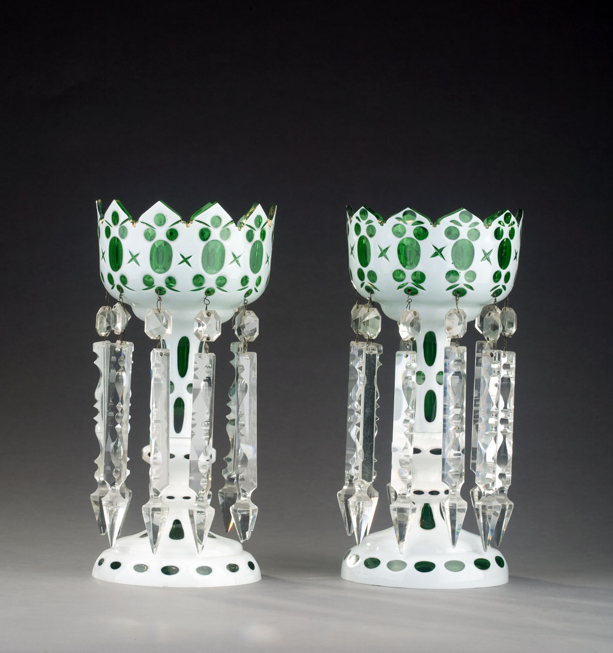 Appraisal: PAIR OF GREEN AND WHITE OVERLAY BOHEMIAN GLASS LUSTRES EARLY